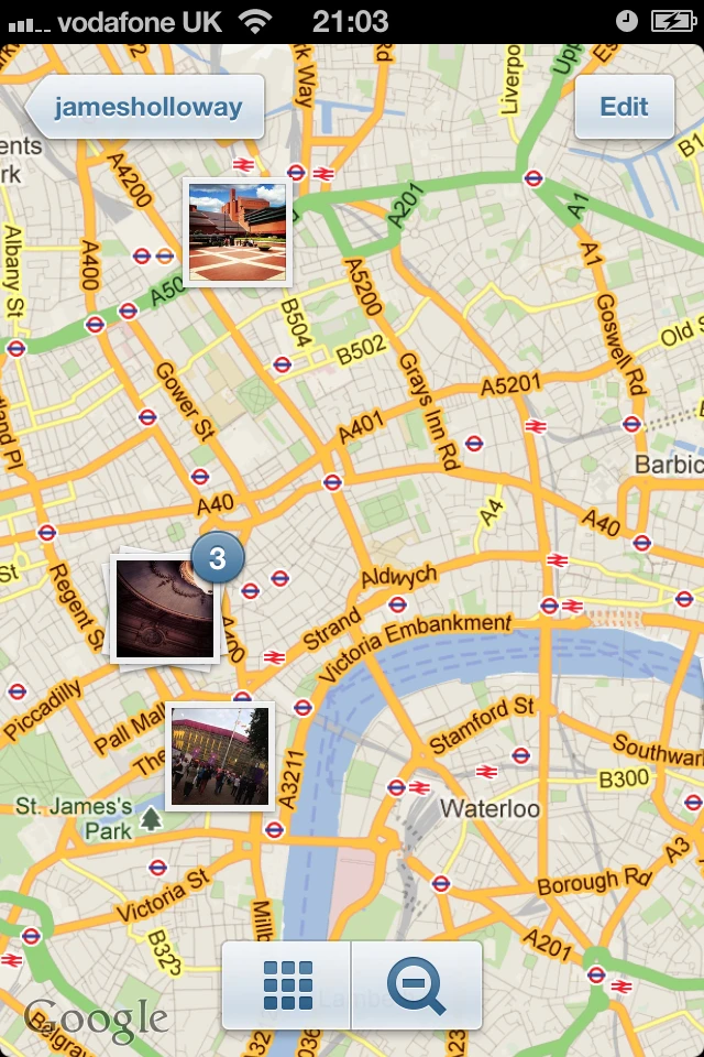 The same Photo Map, zoomed in to central London