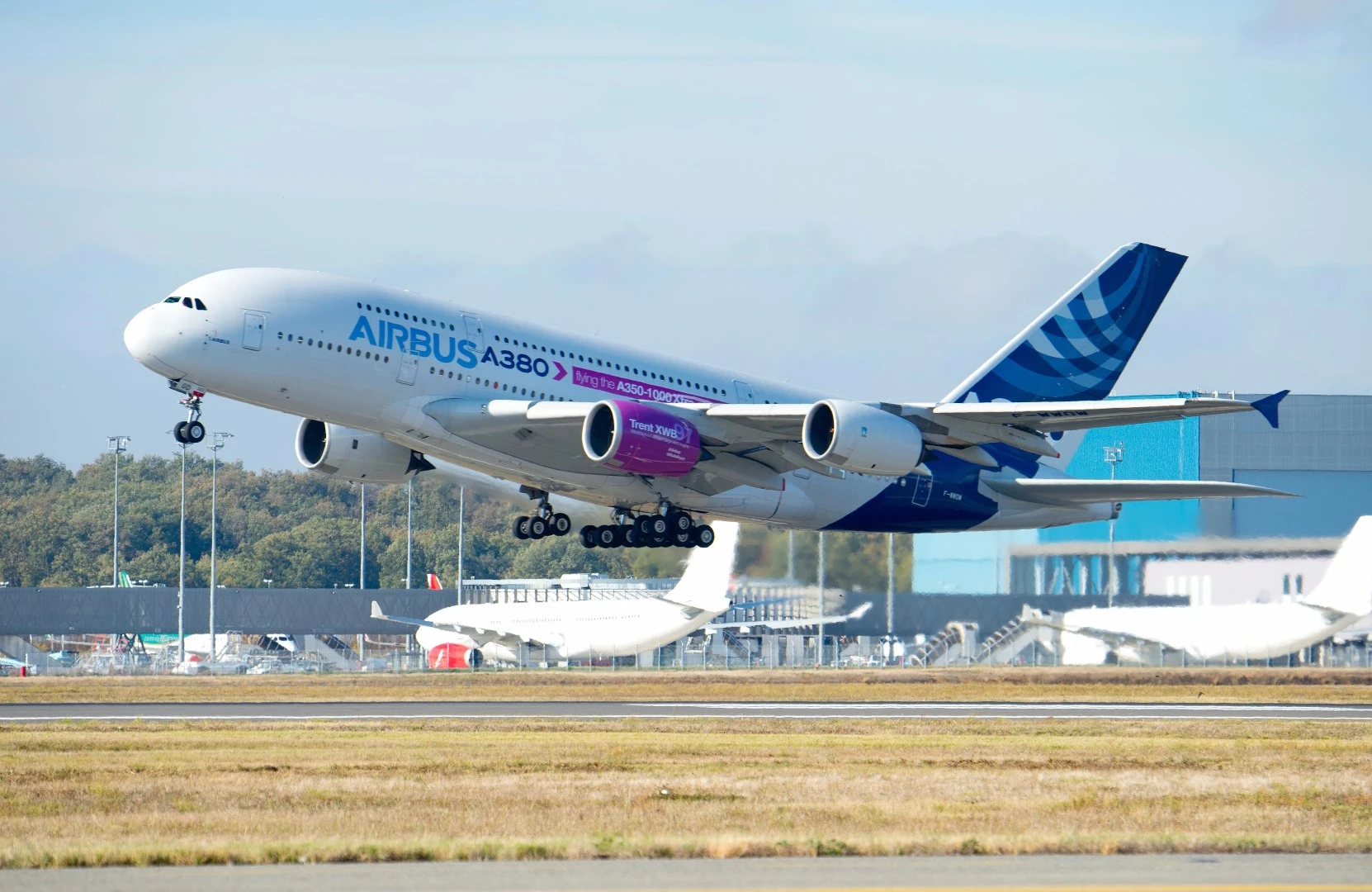 The Rolls-Royce Trent XWB-97 flew for the first time over Toulouse, France