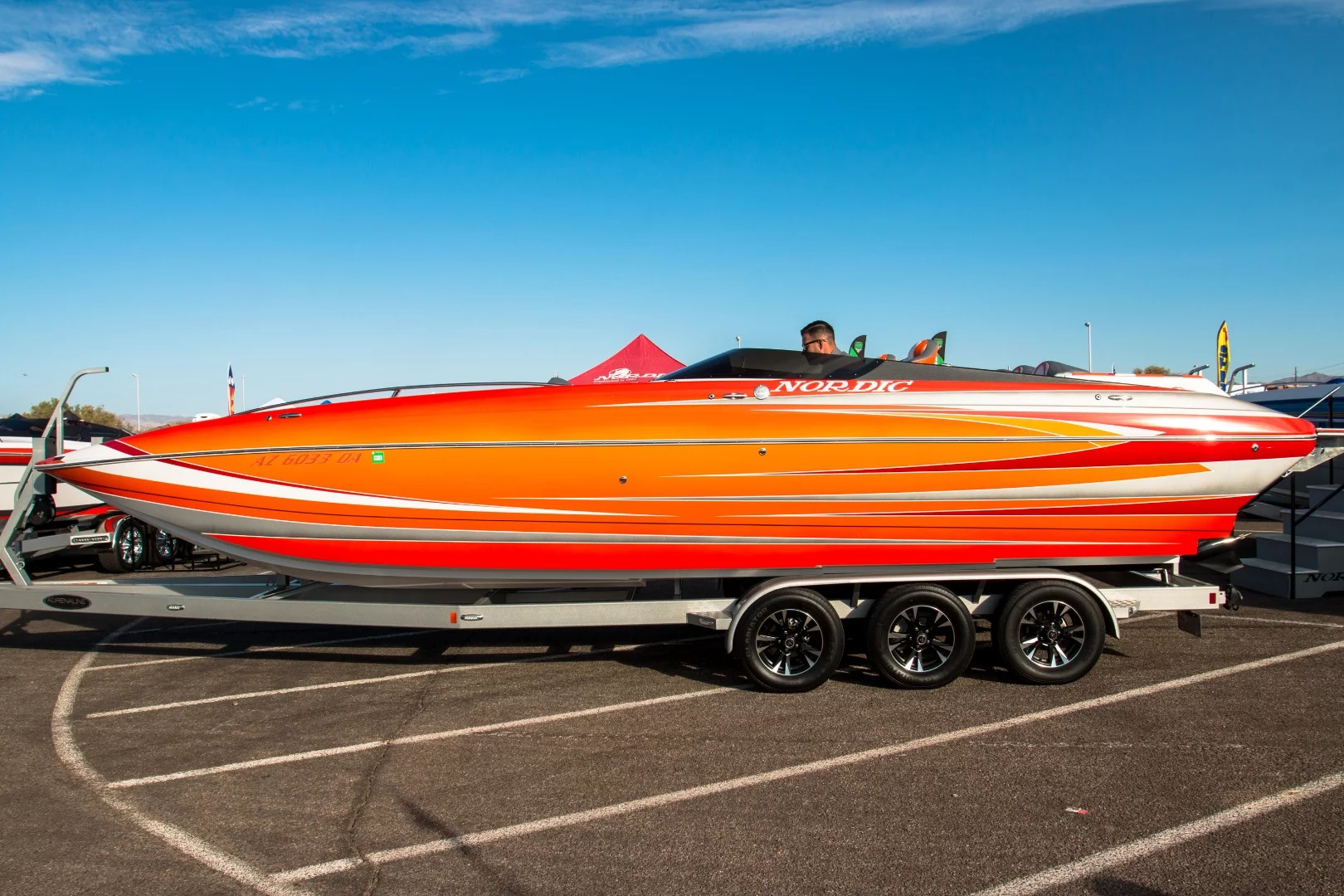 Nordic's 29-ft (8.8-m) deck boat, which rocks a 600-hp motor and goes for around US$173,000