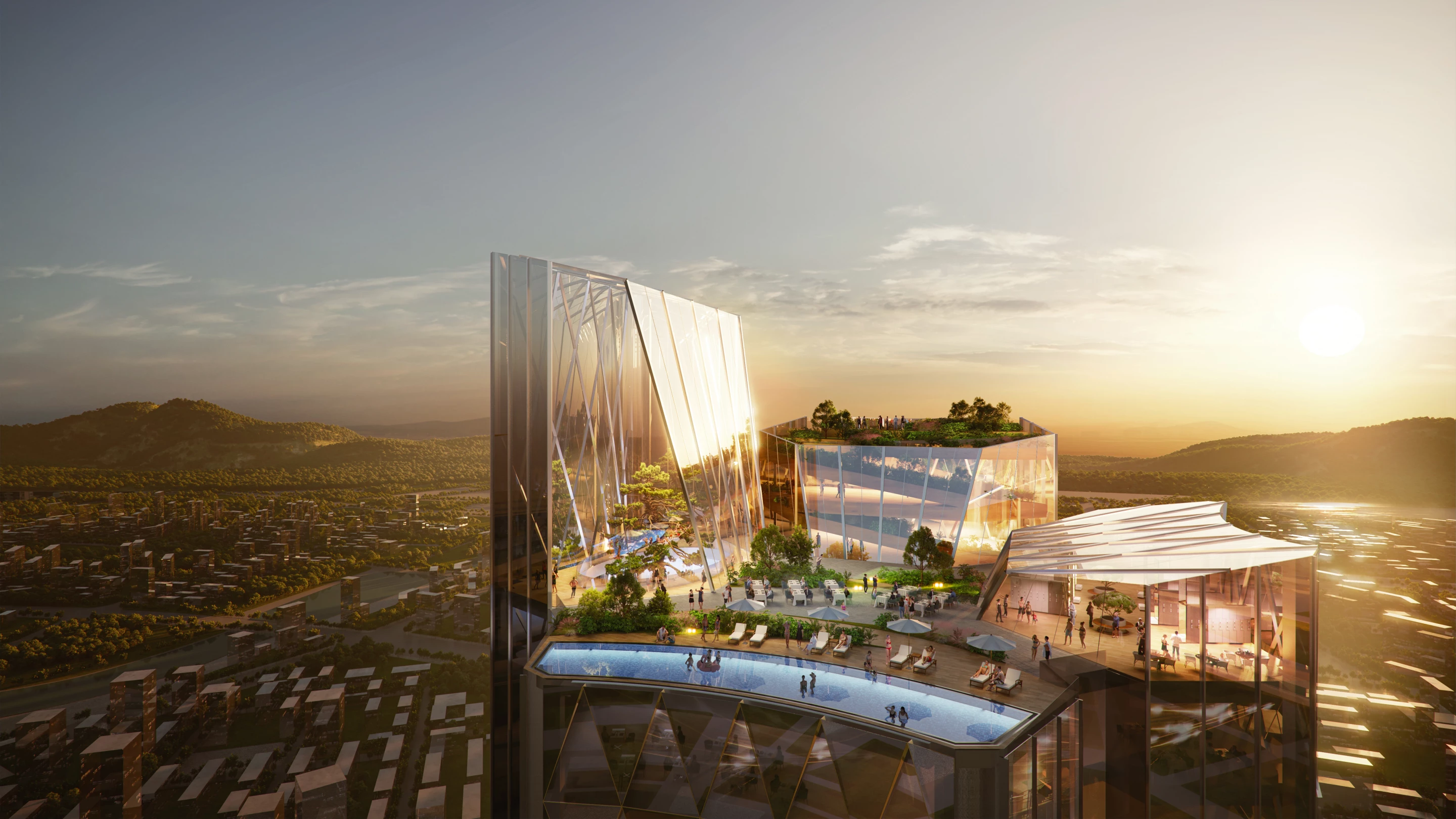 The Nanjing Nexus will be topped by a rooftop terrace area with a swimming pool, restaurant, and gardens