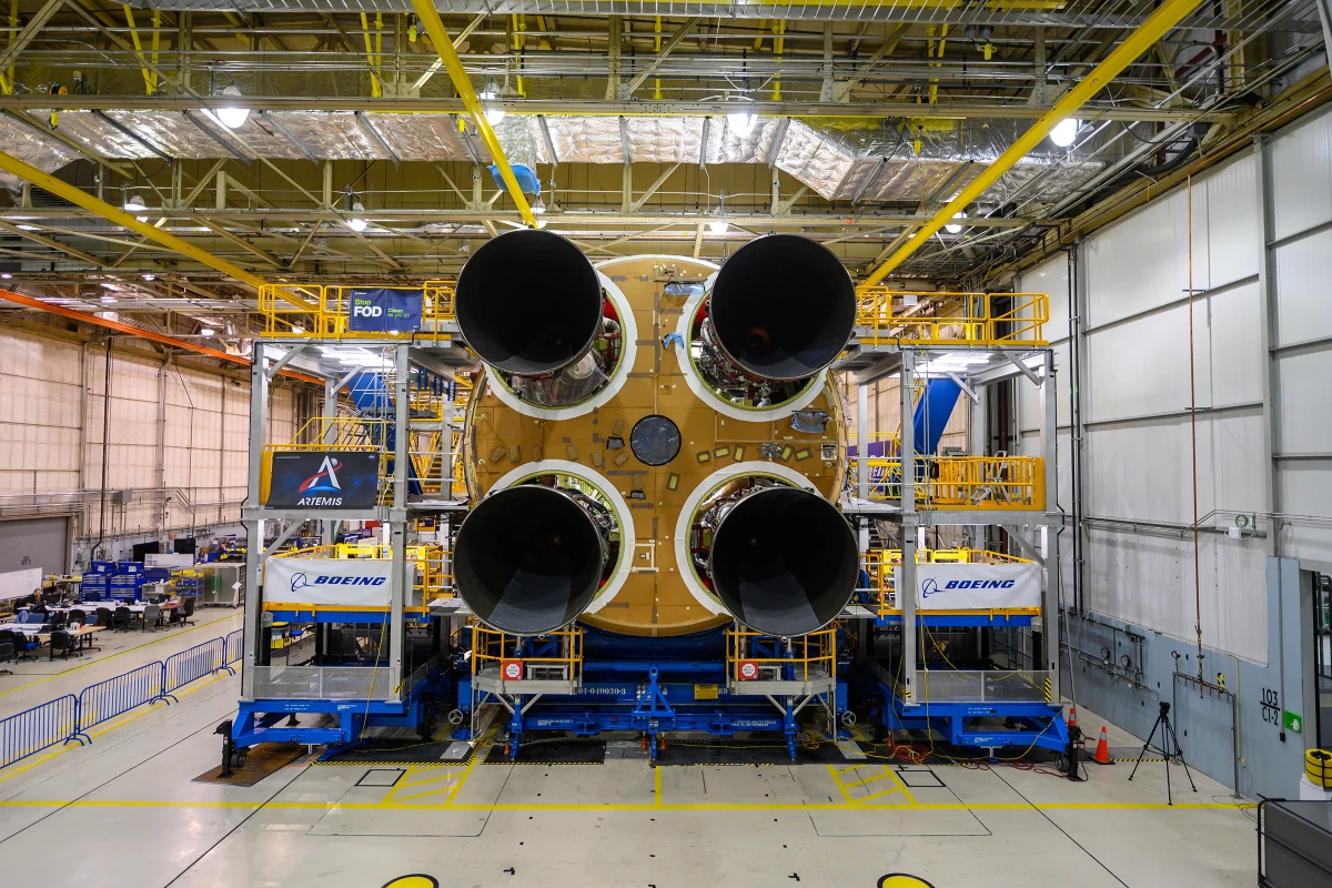 The first SLS core stage, complete with four refurbished RS-25 engines