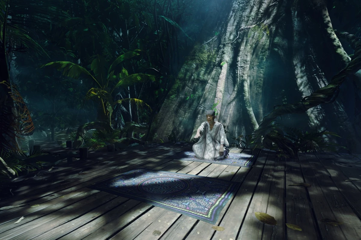 The VR experience begins with the participant sitting on a rug, deep in the Amazon jungle, in front of an old, stereotypical shaman