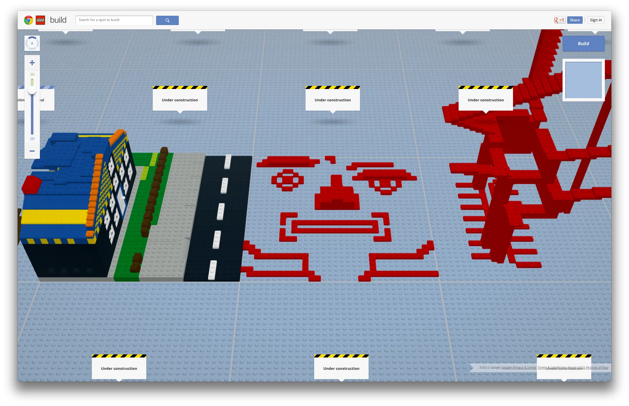 Google may describe this as the "largest LEGO set you’ve ever seen," but you'll find you're limited to one 32 x 32 patch at a time, building with 12 instantly-familiar brick types with doors and windows filed under an "extras" tab