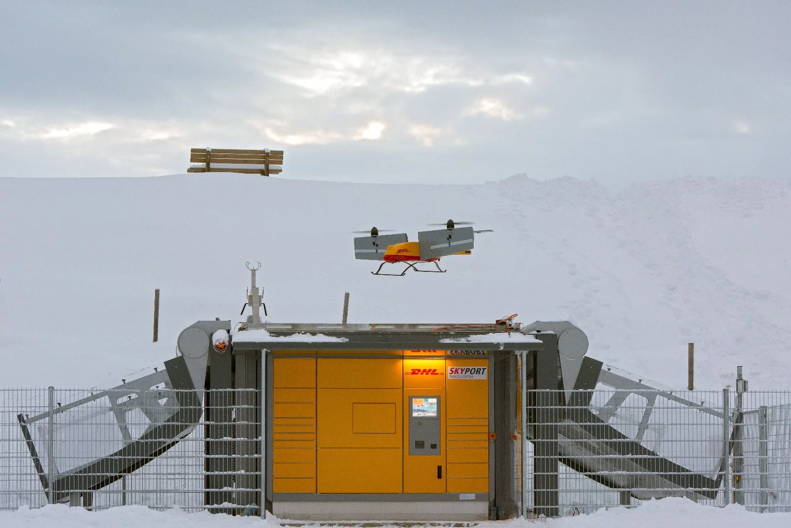 The drone leaving the Packstation, or "Parcelcopter Skyport"