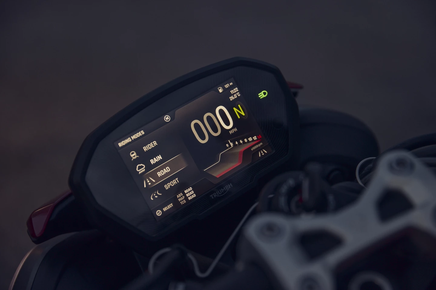 The 5-inch color TFT screen can be found on only the RS and Moto2 models of the 2023 Triumph Street Triple 765