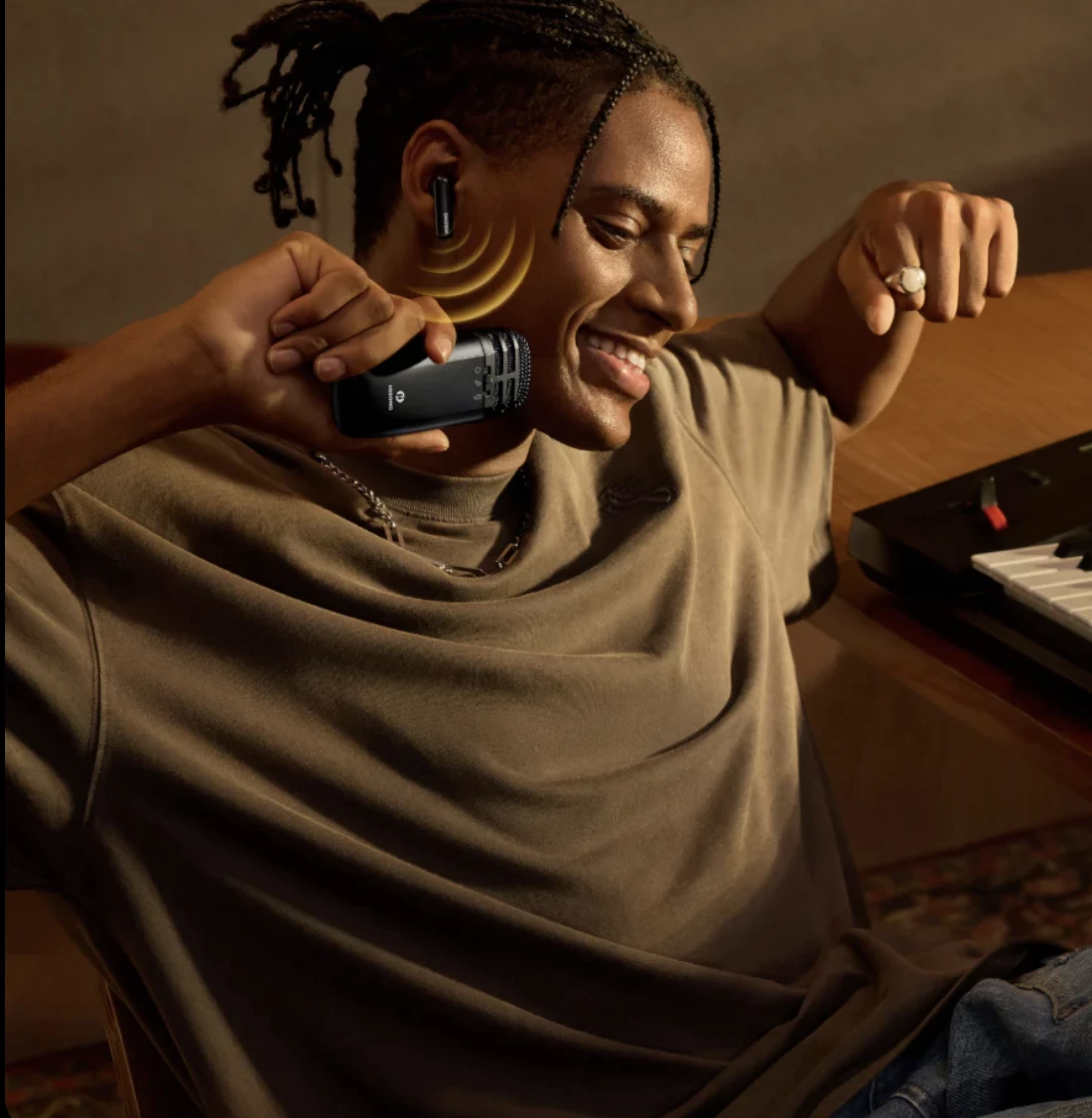 Monitor your recording on the go with included 2.4-GHz wireless in-ears