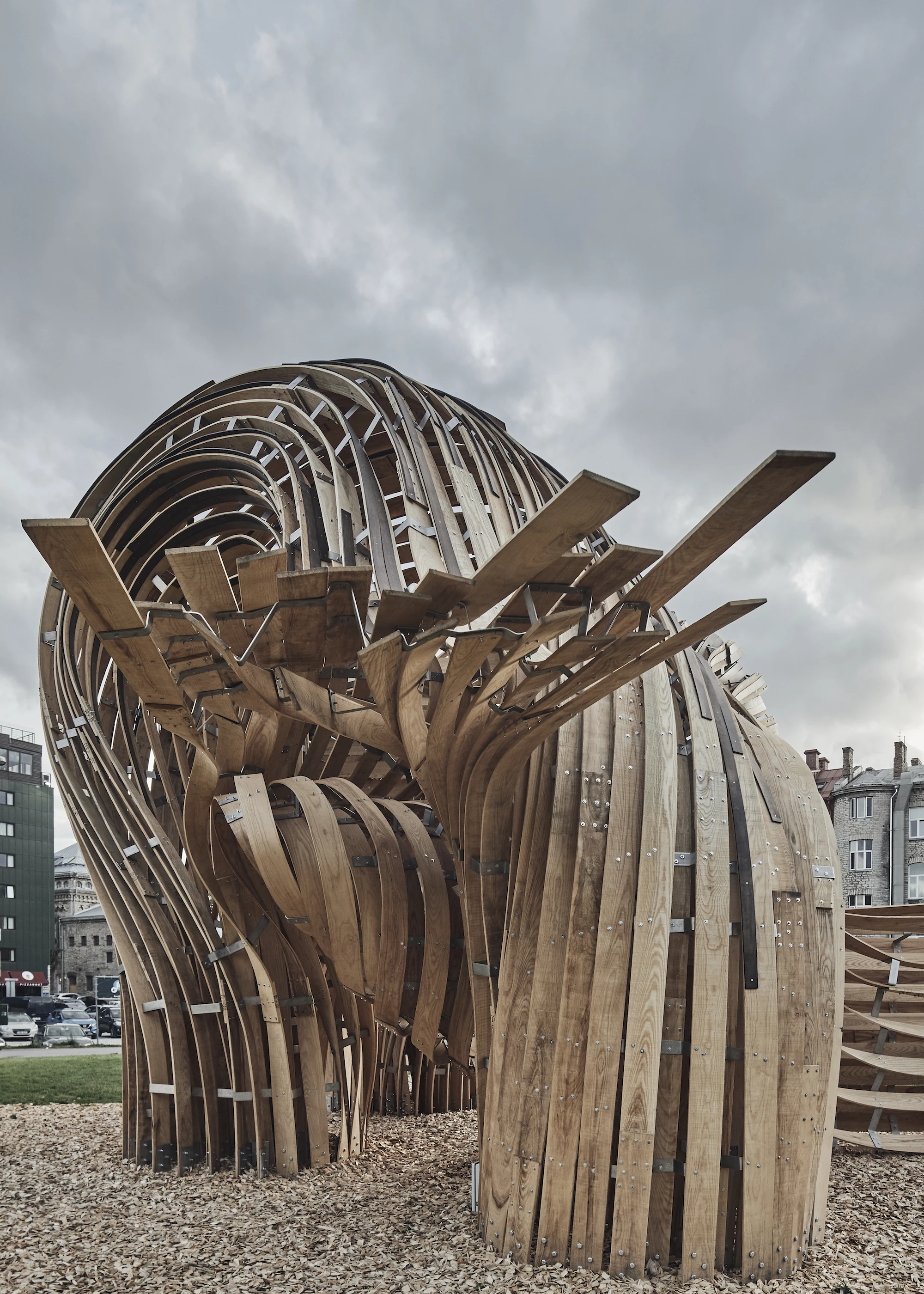 Steampunk is a stunning structure that highlights the versatility and natural beauty of wood