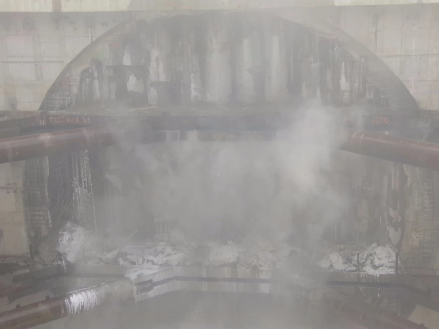 Bertha breaking through the pit wall