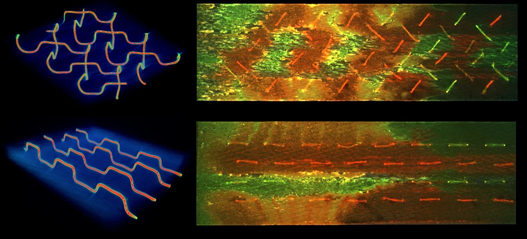 The new self-healing system features 3D vascular networks that release healing agents when ruptured – a herringbone pattern (top) was found to be more effective than a parallel design (bottom)