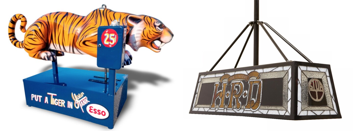 You need to be a certain vintage to remember these coin-operated kiddies rides, and they obviously bring back fond memories for some because the restored original at above left fetched $27,500. The HRD game room light above right fetched $3,500.