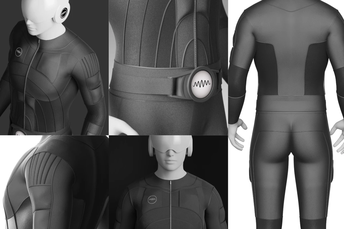 Multiple images of the Teslasuit full-body haptic virtual reality suit