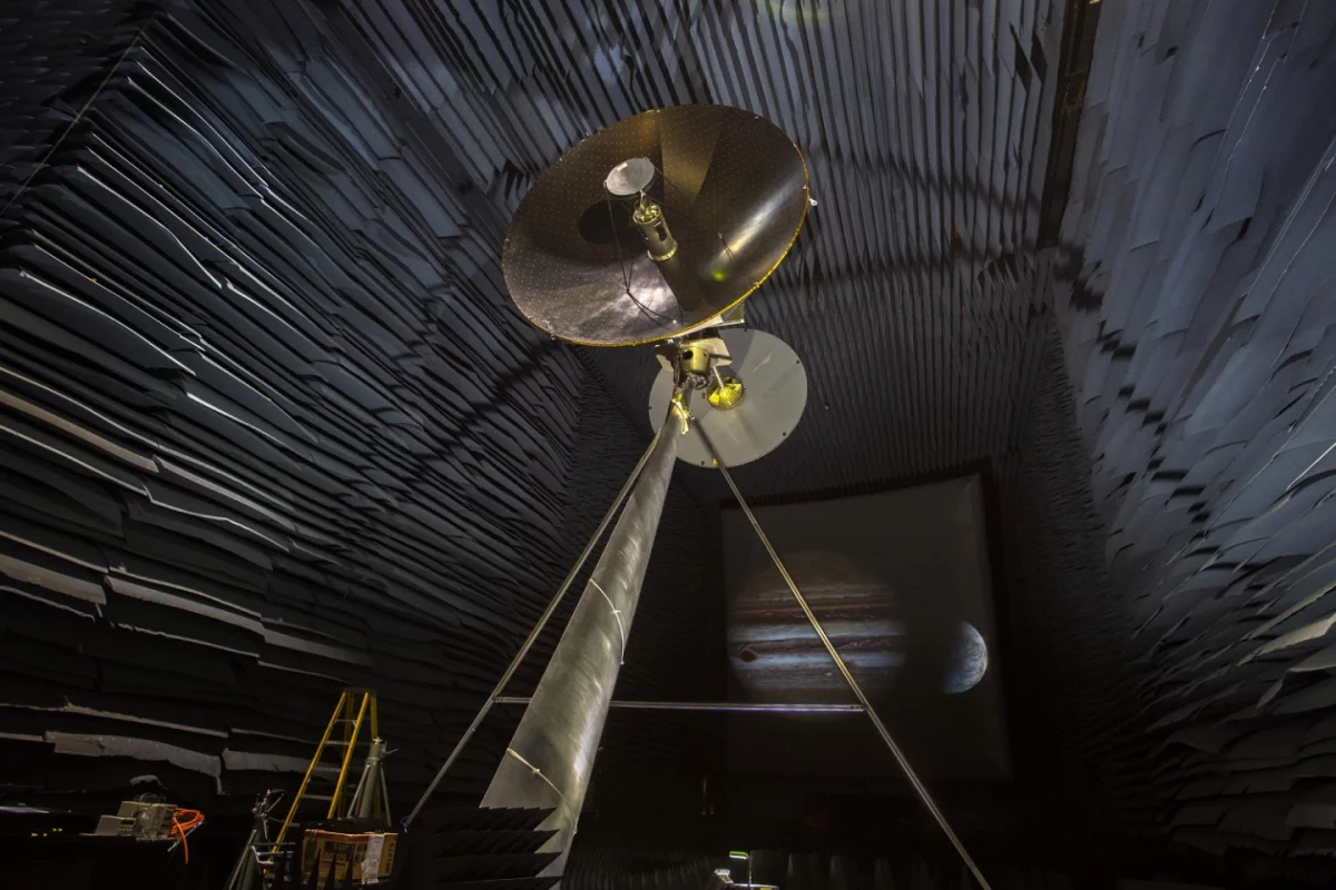 A full-scale prototype of the high-gain antenna on NASA's Europa Clipper spacecraft is undergoing testing in the Experimental Test Range at NASA's Langley Research Center in Hampton, Virginia
