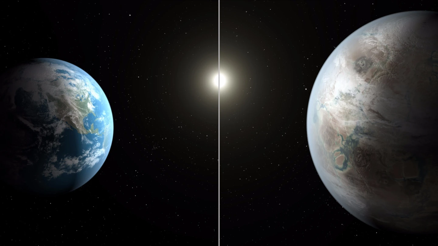 Artists impression of Earth on the left, with its larger "cousin" Kepler-425b pictured on the right