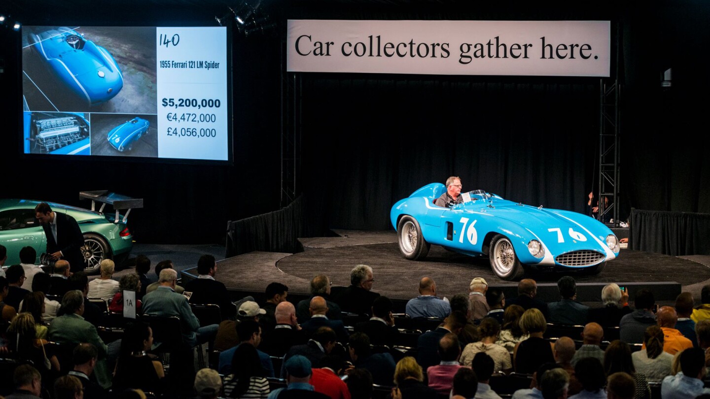 $5,720,000 | 1955 Ferrari 121 LM SpiderEstimate: $6,500,000 to $7,500,000The third of only four 121 LMs built and raced by Scuderia Ferrari, with starts including the 1955 Mille Miglia and 1955 24 Hours of Le Mans (driven by Maurice Trintignant and Harry Shell), where it was timed at 181.15 mph.Official Auction Description: RM-Sothebys Lot 140