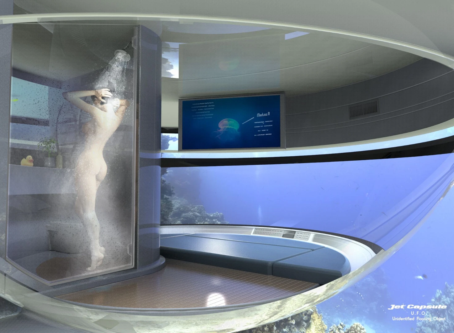 A shower and bedroom are located on the lower, submerged level of the UFO