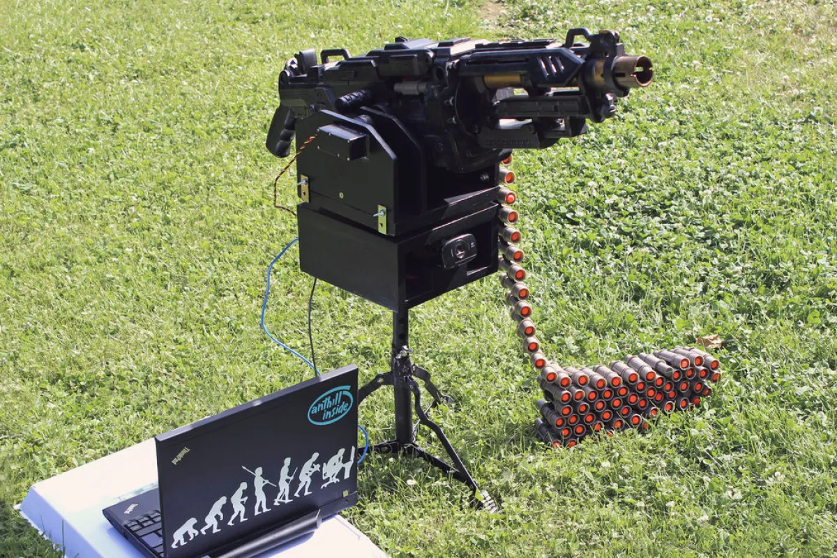 The Nerf Vulcan Sentry Gun automatically locates targets and unleashes a stream of foam darts at over seven times the usual speed