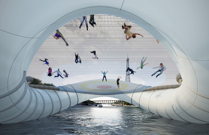 Each of the three huge buoys would contain within them a trampoline mesh designed more for fun than function