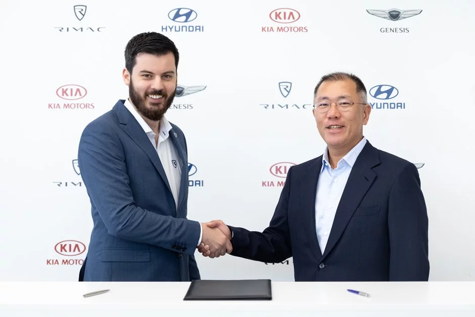 Mate Rimac shakes hands with Hyundai Motor Group Executive Vice Chairman Euisun Chung on an €80-million deal to produce high performance electric vehicles