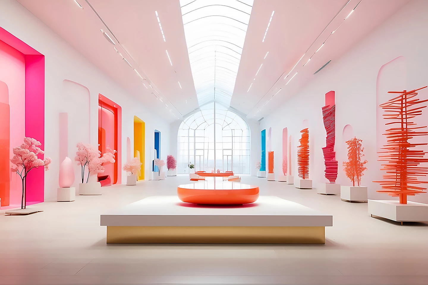 A room of colorful tree sculptures drive home the exhibition's environmental message