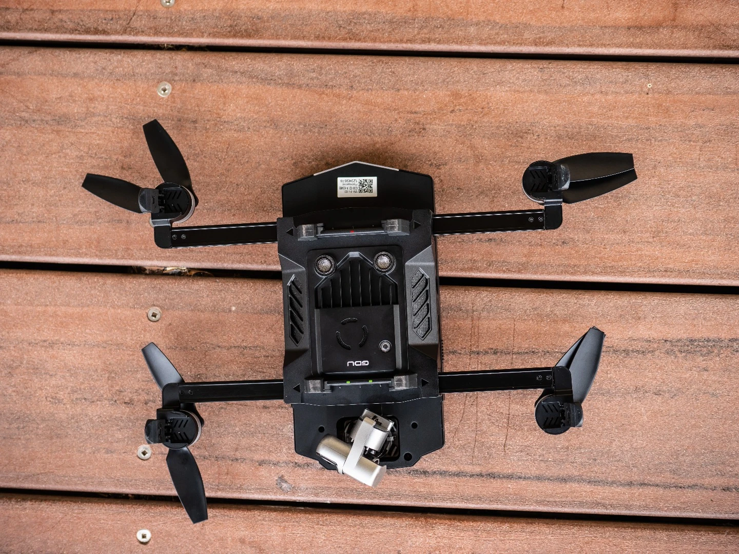 Underneath the GDU 02: ultrasonic ground sensors and a downward facing camera for the vision positioning system