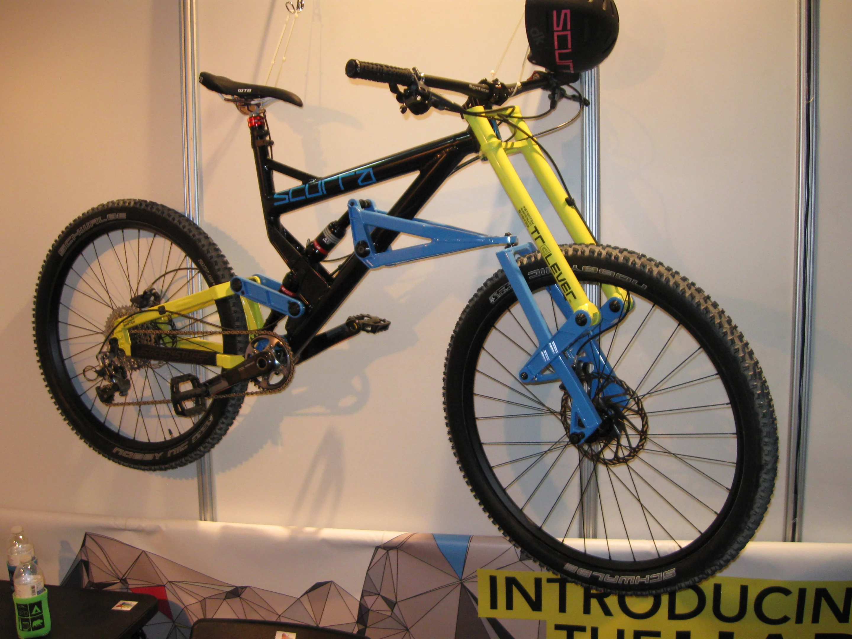 The dual-suspension Hard Enduro mountain bike has two rear shocks ... although one of them serves as a front shock