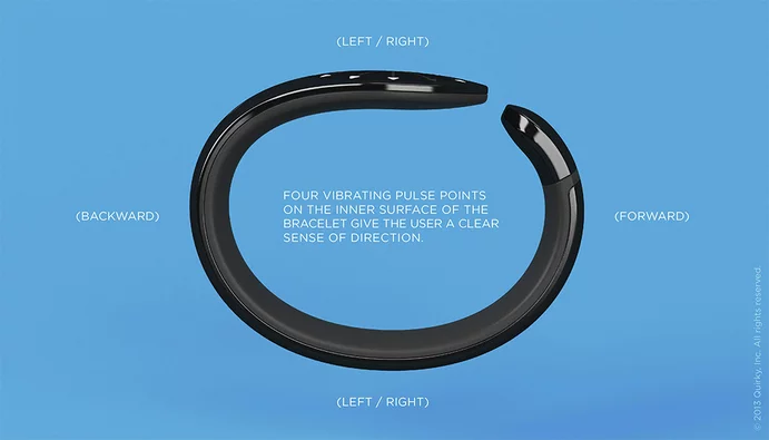 Four vibrating points are arranged on the inside of the bracelet to indicate when a person is going the right way or needs to turn
