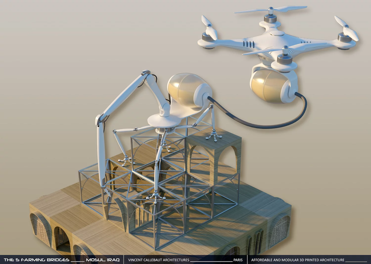 The 5 Farming Bridges proposal would involve drones transporting building material to 3D-printing robots that take the form of spiders