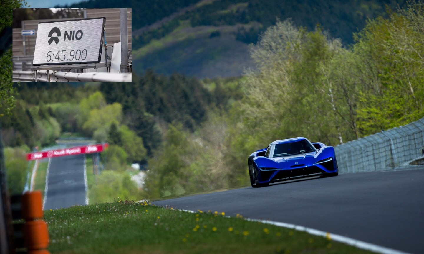 The NIO EP9 which the McLaren P1 LM knocked off the top of the list of lap times. The EP9 is a Chinese supercar which isn't yet in production, and it wore slick tires for the record attempt, which isn't really 'Marquis of Queensbury' compliant for production cars.