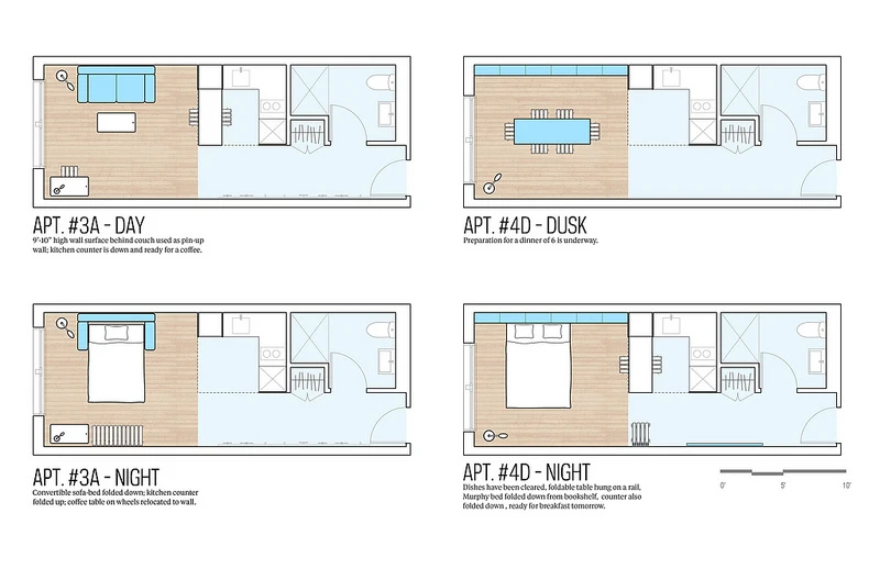 The space-efficient apartments use transformable furniture solutions to provide four rooms within the one space