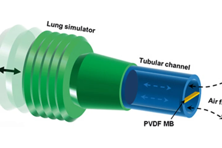 A simulated lung with the piezoelectric PVDF microband (in yellow) that vibrates as air flows past it (Image: EES Blog)