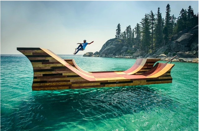 A 7,300 lb (3,311 kg) floating skateboard ramp was installed on Lake Tahoe as part of Visit California's Dream365 tourism campaign