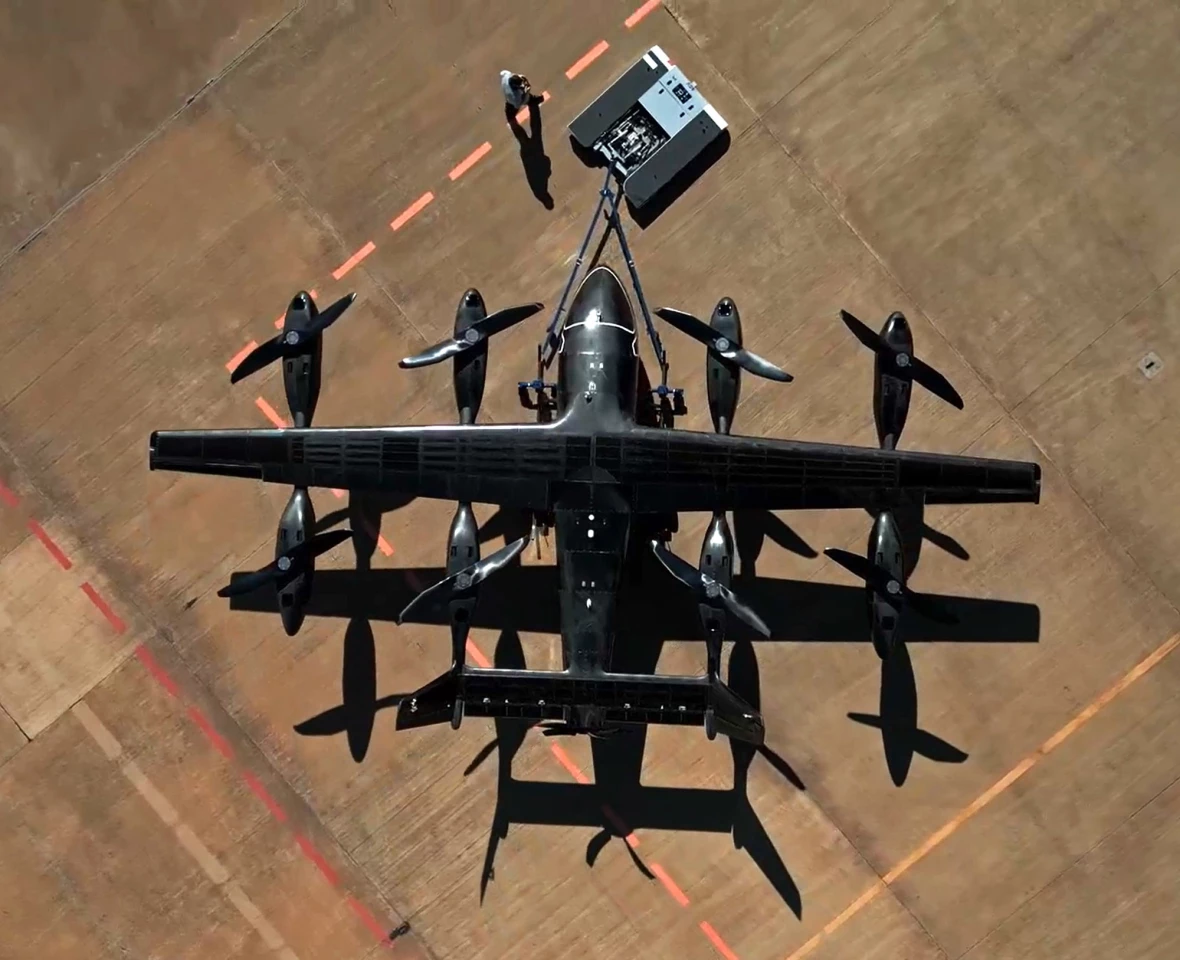 The prototype Eve Air Mobility from above, clearly showing its 8 dedicated vertical flight rotors