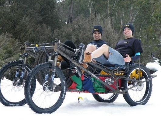 Pedal power: the four-wheeled transport Australians Roger Chao and Megan Kerr plan to ride more than 7,450 miles across Russia and Asia.