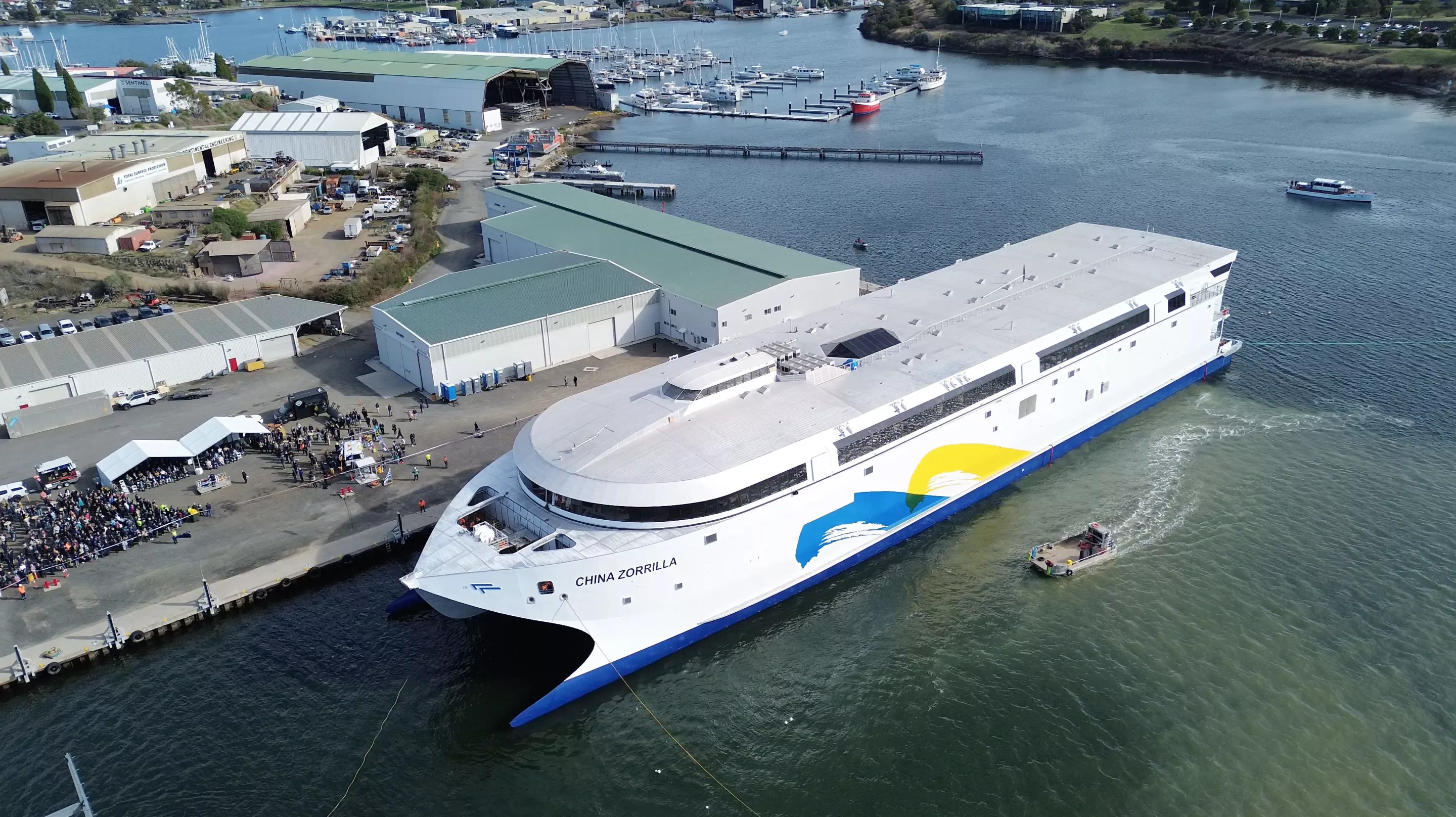 The China Zorrilla's exterior is complete and the ship has launched, though its enormous battery bank has yet to be installed and its energy system integrated