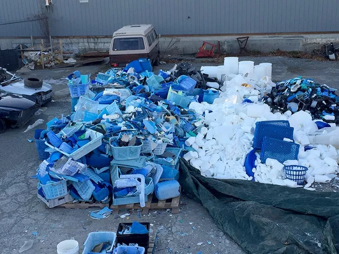 Sorting blue and white plastic