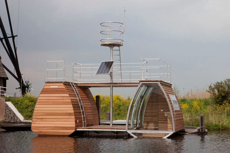 This tiny cabin is a free-floating catamaran suite designed by Dutch architect, Marijn Beije