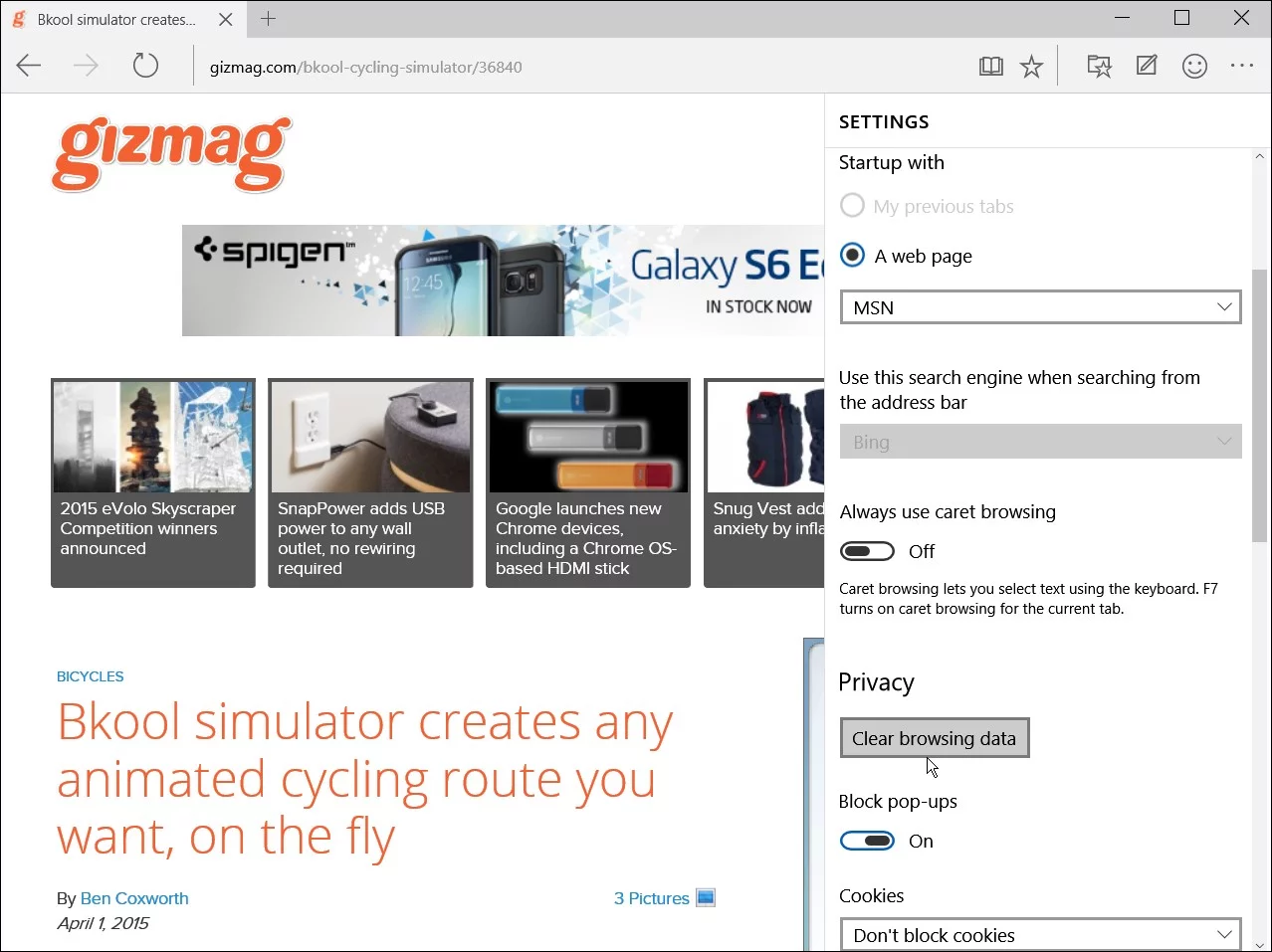 Change browser settings in Project Spartan