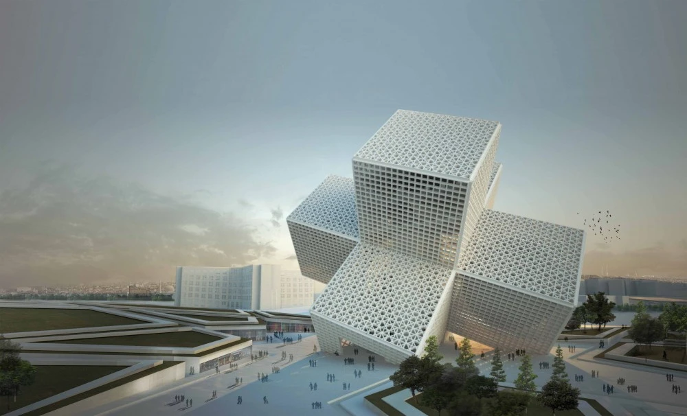 The design resembles an emergency cross symbol that has fallen onto its side, as if affected by an earthquake (image: OODA)