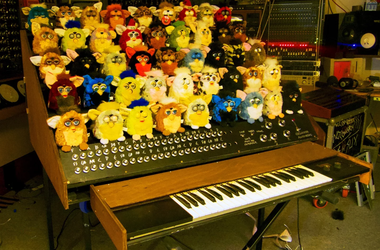 When powered on, amid the seemingly mindless Furby chatter, symphonies of synthesized sound are created by playing the piano keyboard out front