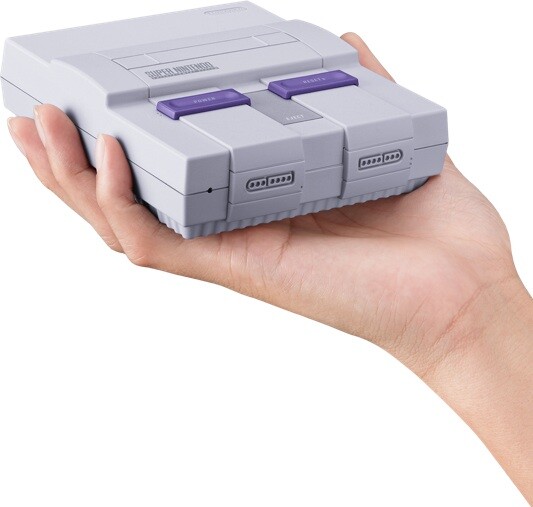 The US and Japanese version of the SNES Classic Edition is blocky with purple buttons, based on the original design in those regions