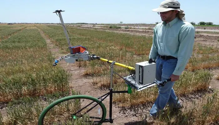 The Phenocart is a tool that farmers can push around to quickly gather data on the health of their plants