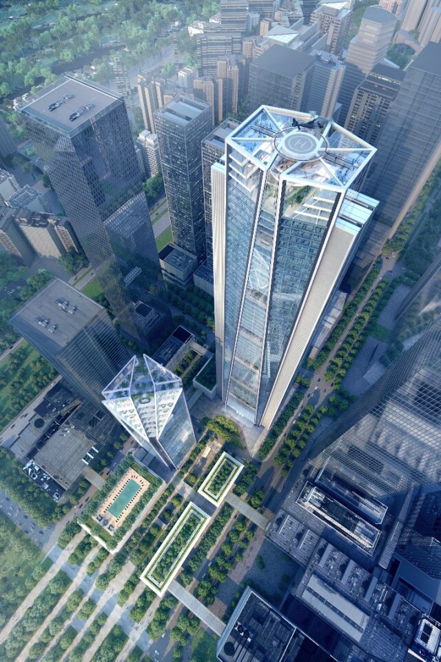 The China Merchants Bank HQ project will include a smaller tower reaching 180 m (590 ft)
