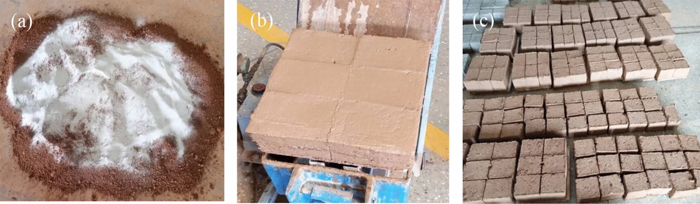 Preparing compressed earth blocks involves (a) mixing raw materials including powdered recycled glass (b) molding of blocks and (c) curing those blocks