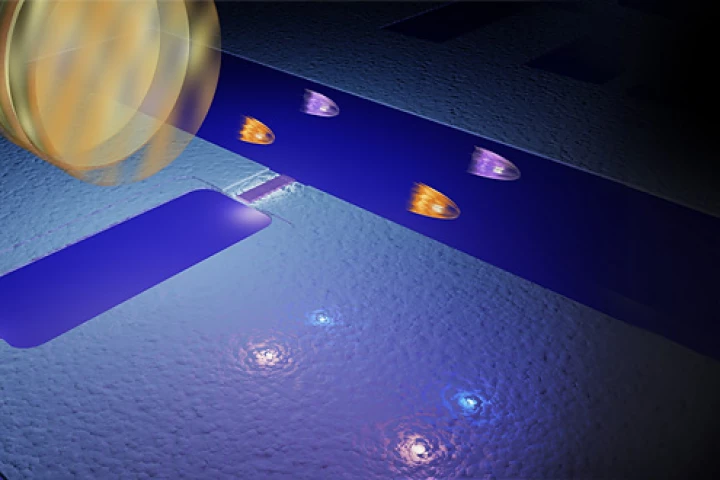 Virtual photons bounce off a "mirror" that vibrates at almost the speed of light. The round mirror in the picture is a symbol, and under that is the quantum electronic component (referred to as a SQUID), which acts as a mirror. This makes real photons appear (in pairs) in vacuum. (Illustration: Philip Krantz, Chalmers)