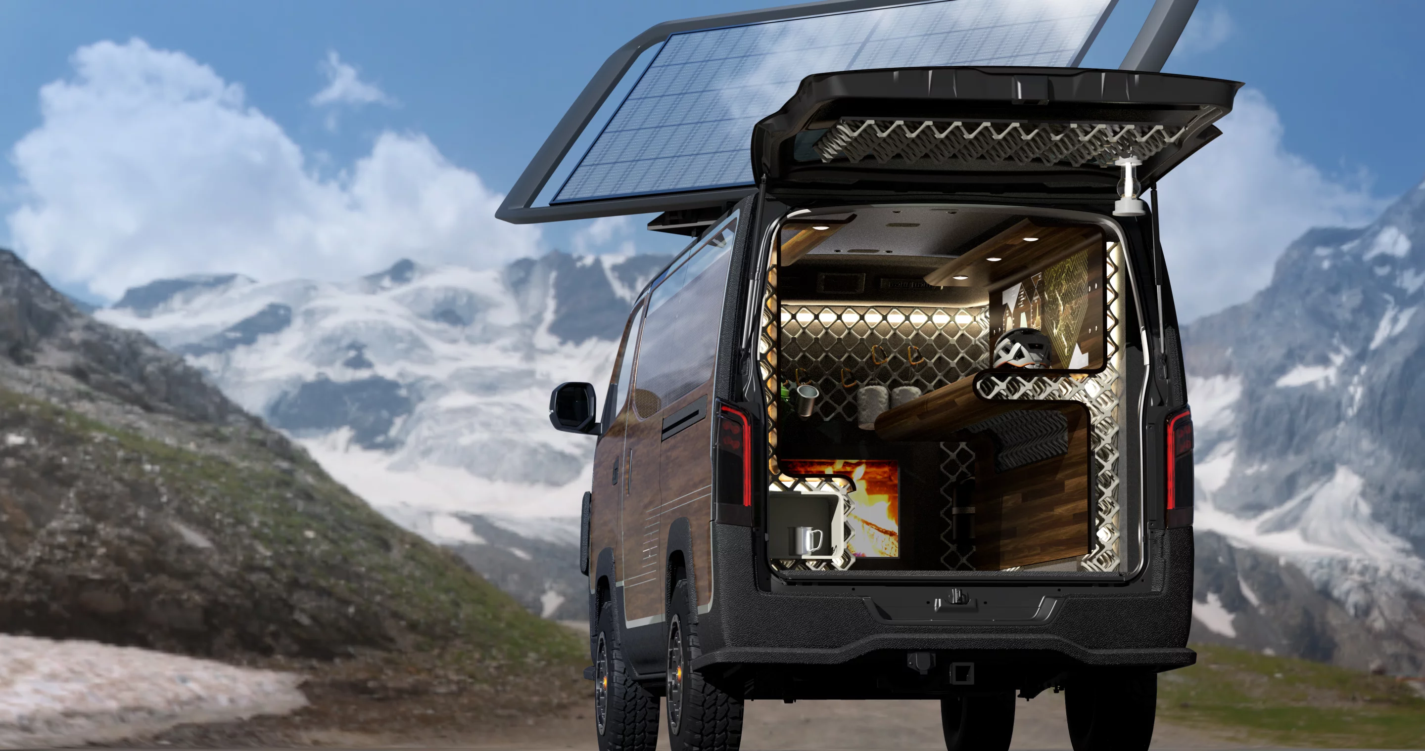 Nissan gives the Caravan Mountain Base an adjustable rooftop solar panel system and a warm, wood paneled interior