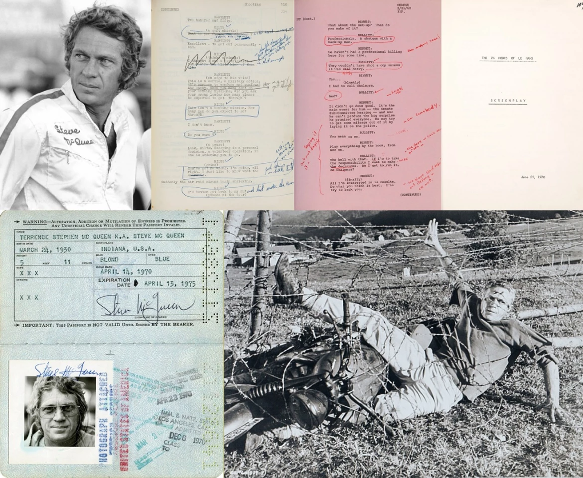 Some of the seemingly minor McQueen memorabilia fetching astonishing prices (from top left): a racing jacket with no film provenance ($50,000); Steve's script from The Great Escape ($40,000); Steve's script from Bullitt ($44,000); Steve's script from Le Mans ($44,000); Steve's passport ($37,500); and Steve's "Virgil Hilts" prison shirt from The Great Escape ($40,000). Yes, that's a $40 grand t-shirt he's wearing.