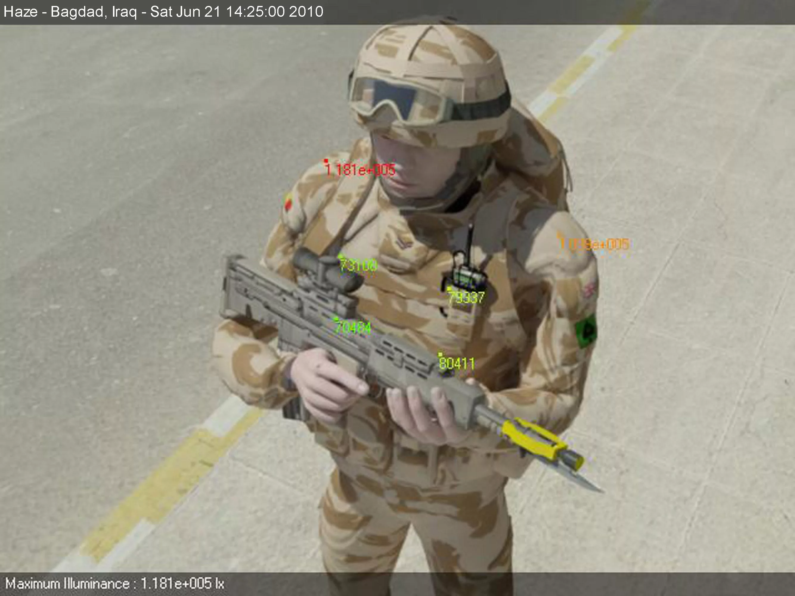 A soldier in a fictitious but realistic urban, desert environment, with superimposed numbers representing readings for anticipated sunlight (Image: EPSRC)