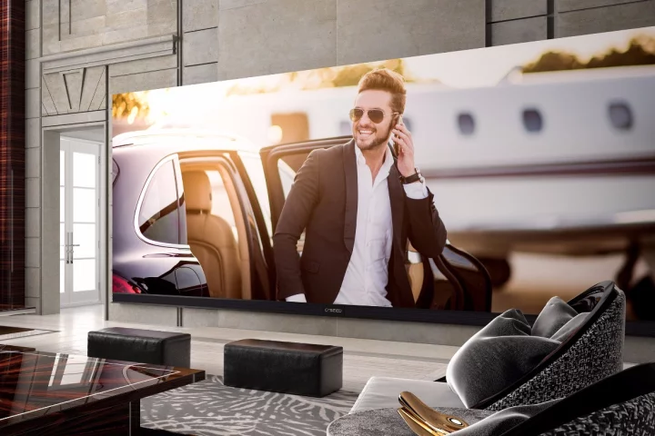 The C Seed 262 UHD TV's 262-in (6.65 m) diagonal length gives it a width of 20.16 ft (6.14) m and height of 8.44 ft (2.57 m)