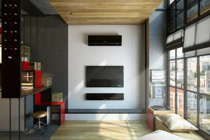 The living zone has been kept simple and takes advantage of the huge floor to ceiling windows