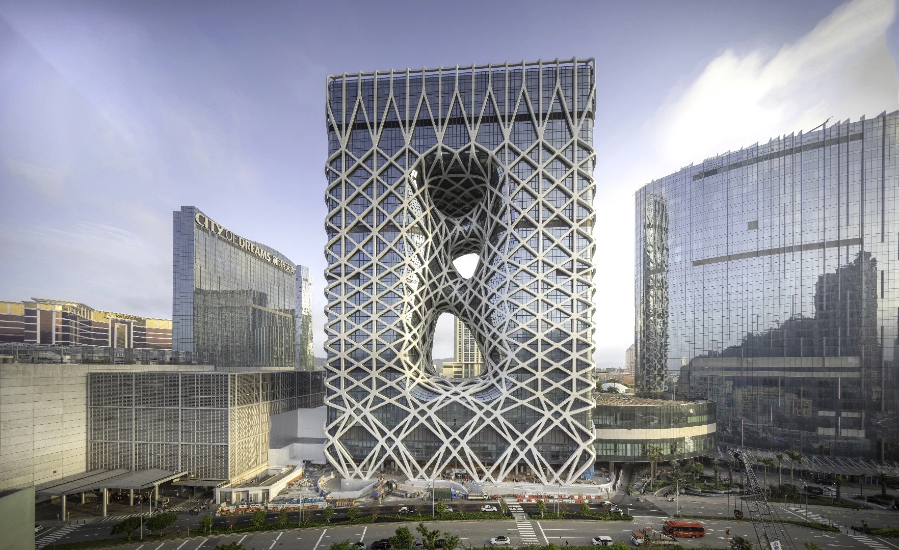 The Zaha Hadid-designed Morpheus Hotel in Macau, China, is covered in an exoskeleton that gives it structural support